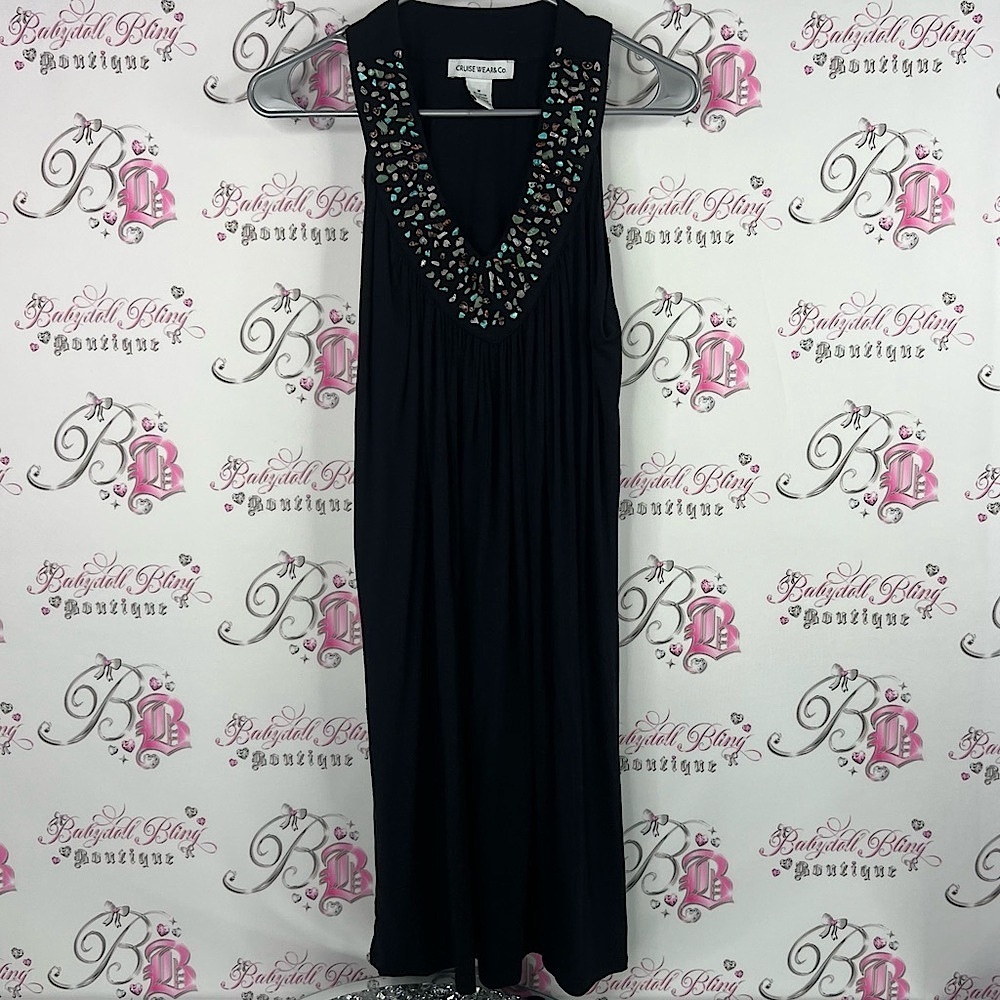 Cruise wear & co dress healing crystal Elegant Black Midi Beaded Neckline
